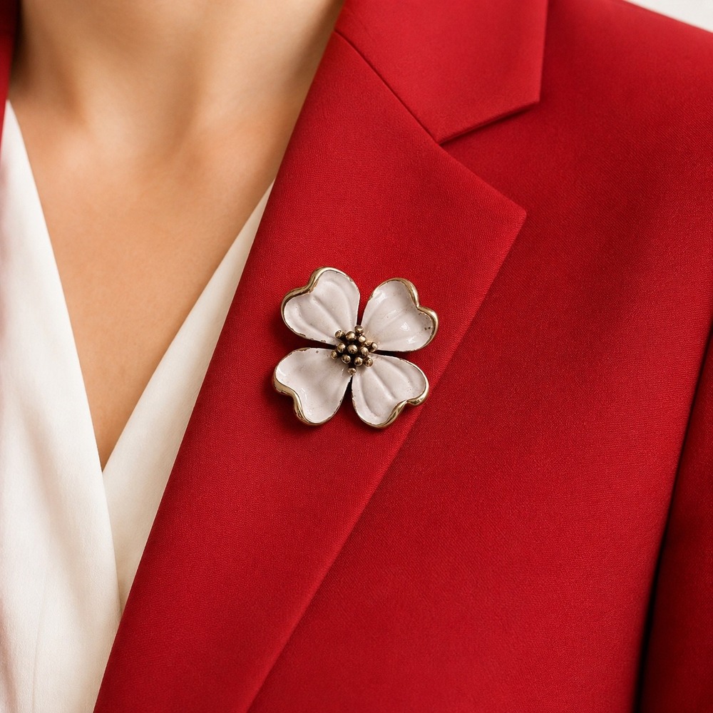 Vintage Monet Mid Century White Gold Dogwood Flower Brooch Pin Chic Grannycore